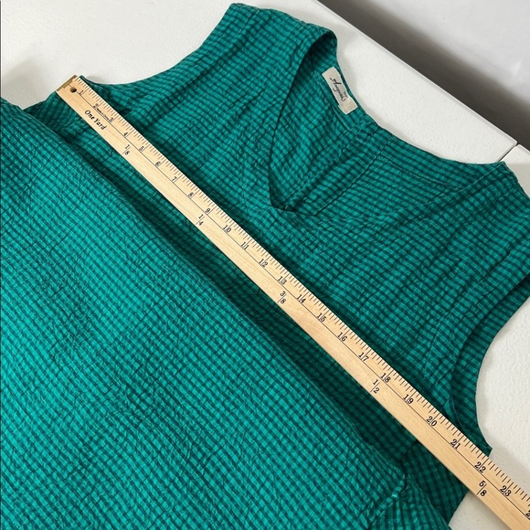 Ichi Antiquities OSFM Gingham Check V Neck Sleeveless Linen/Cotton Green Dress - Picture 4 of 11